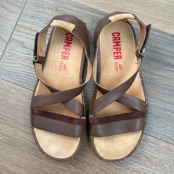 Camper Alicante Leather Strappy Sandals w Velcro Close Chocolate Brown Sz 37 - Picture 14 of 14